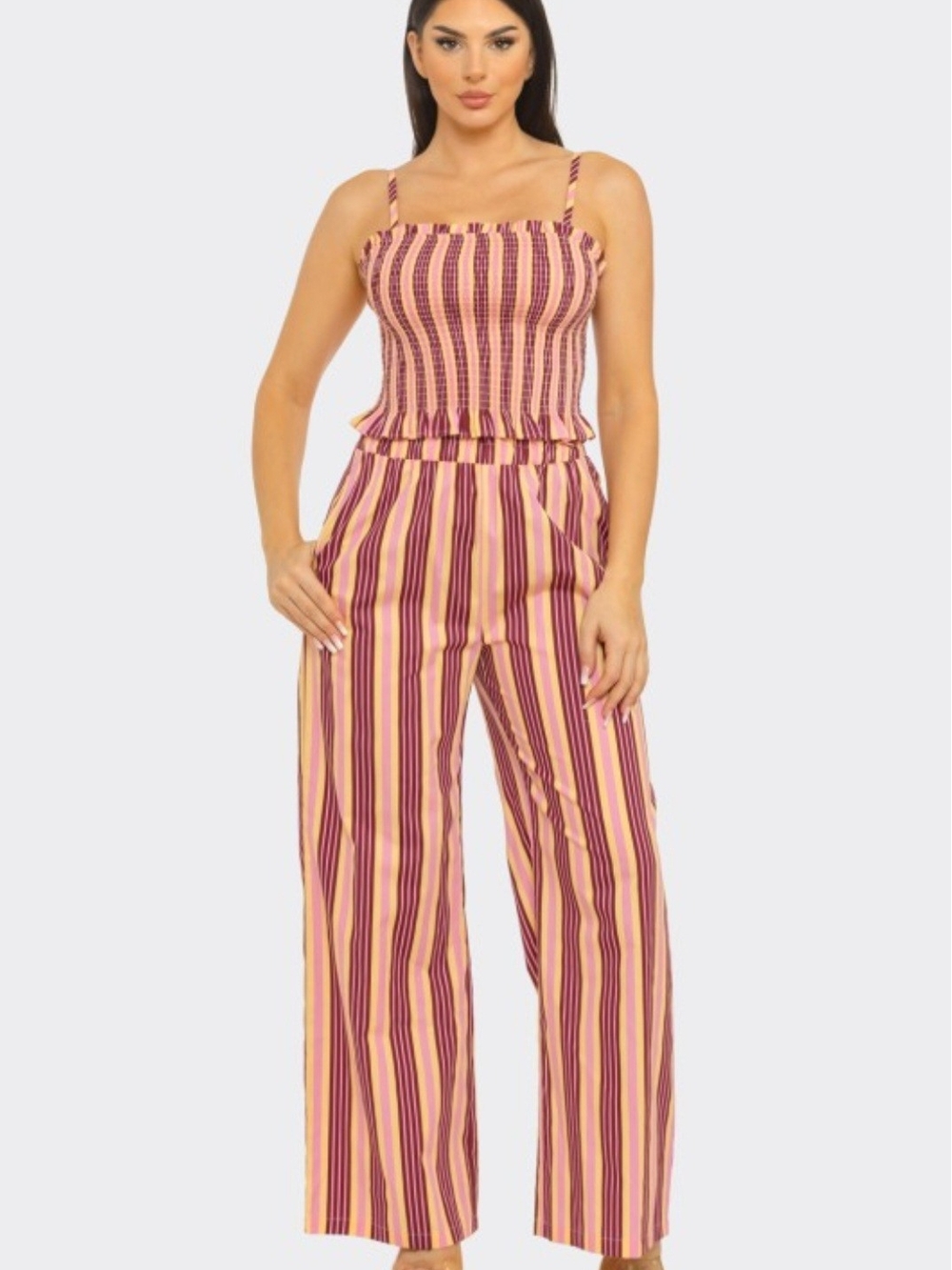 Striped Wide-Leg Jumpsuit in Pink and Burgundy